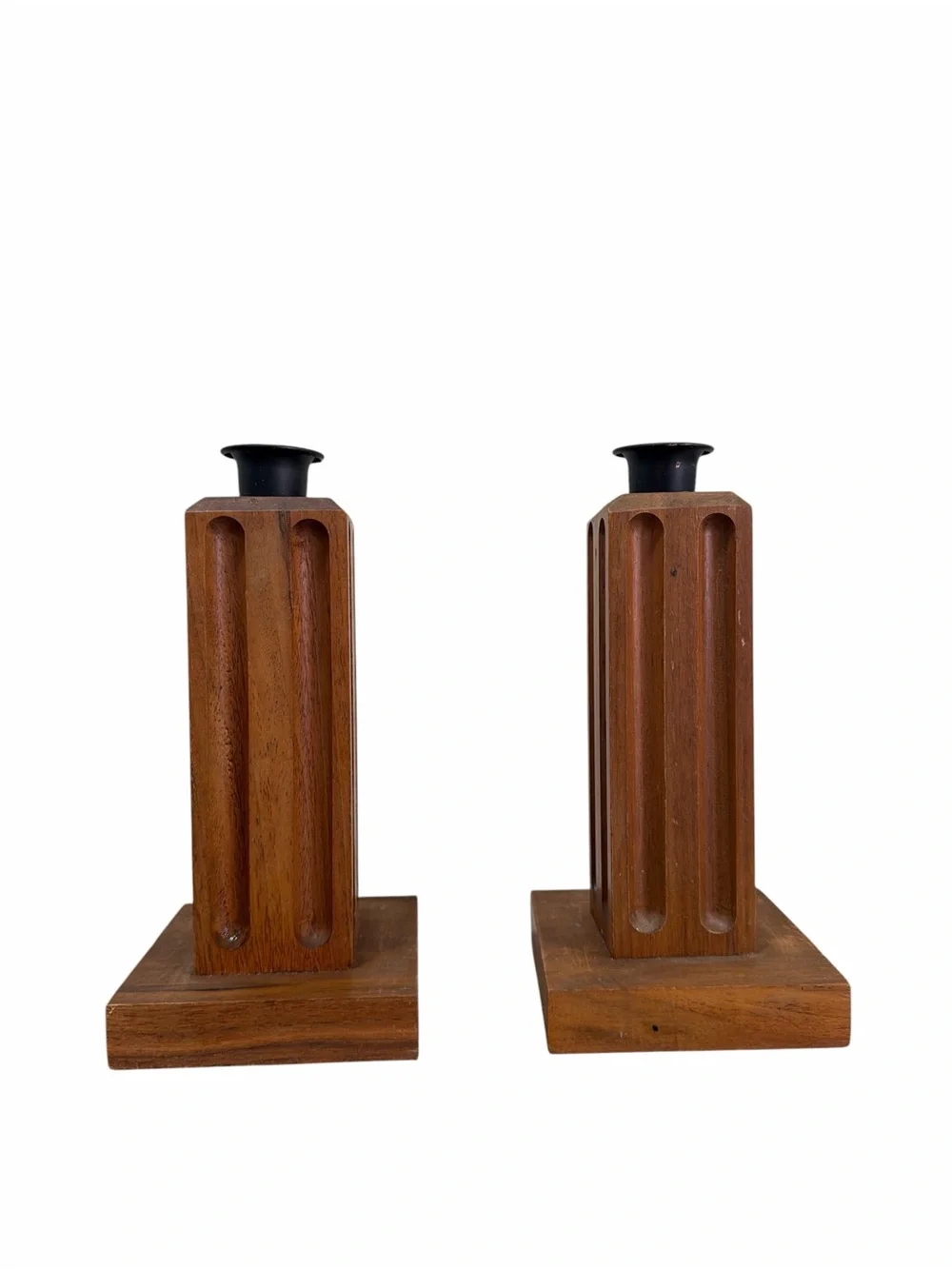 Vintage Mid Century Wood Candle Holders Pair Geometric Carved Taper Candlesticks